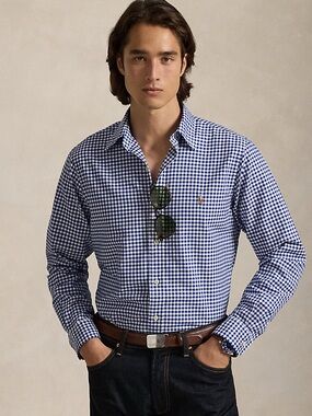 Ralph Lauren Blue and White Gingham Button-Down Shirt with Pink Pony